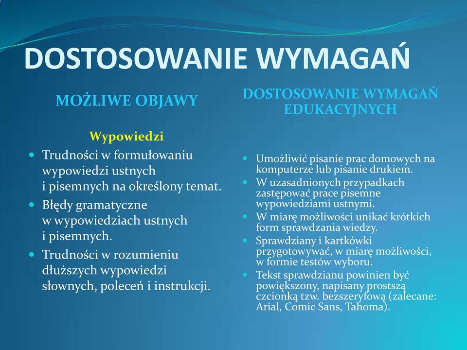 DOSTOSOWANIE WYMAGAŃ EDUKACYJNYCH Umożliwić pisanie prac domowych na komputerze lub pisanie drukiem. W uzasadnionych przypadkach zastępować prace pisemne wypowiedziami ustnymi.