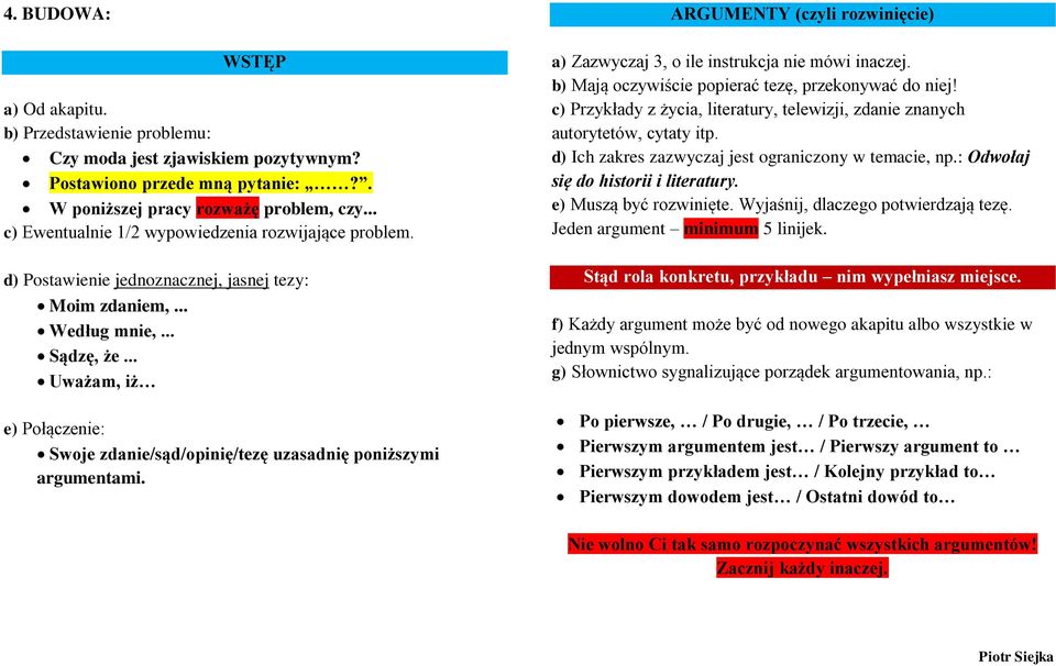 .. Uważam, iż e) Połączenie: Swoje zdanie/sąd/opinię/tezę uzasadnię poniższymi argumentami. ARGUMENTY (czyli rozwinięcie) a) Zazwyczaj 3, o ile instrukcja nie mówi inaczej.