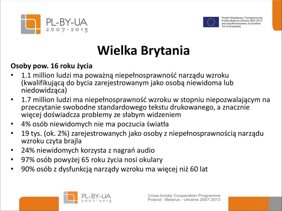 7 million ludzi ma niepełnosprawność wzroku w stopniu niepozwalającym na przeczytanie swobodne standardowego tekstu drukowanego, a znacznie więcej doświadcza