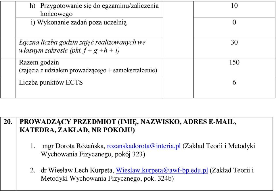 PROWADZĄCY PRZEDMIOT (IMIĘ, NAZWISKO, ADRES E-MAIL, KATEDRA, ZAKŁAD, NR POKOJU) 1. mgr Dorota Różańska, rozanskadorota@interia.