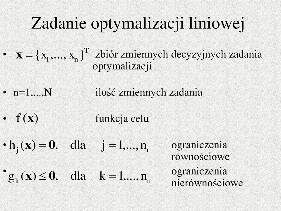 ..,n ilość zmiennych zadania f (x) funkcja celu h ( x) 0, dla j 1,.