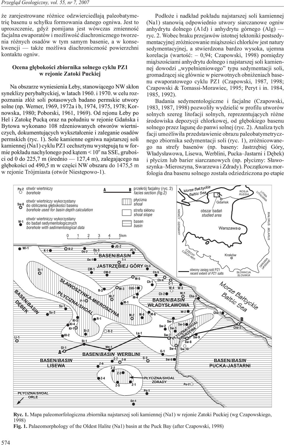powierzchni kontaktu ogniw. Ocena g³êbokoœci zbiornika solnego cyklu PZ1 w rejonie Zatoki Puckiej Na obszarze wyniesienia eby, stanowi¹cego NW sk³on syneklizy peryba³tyckiej, w latach 1960. i 1970.
