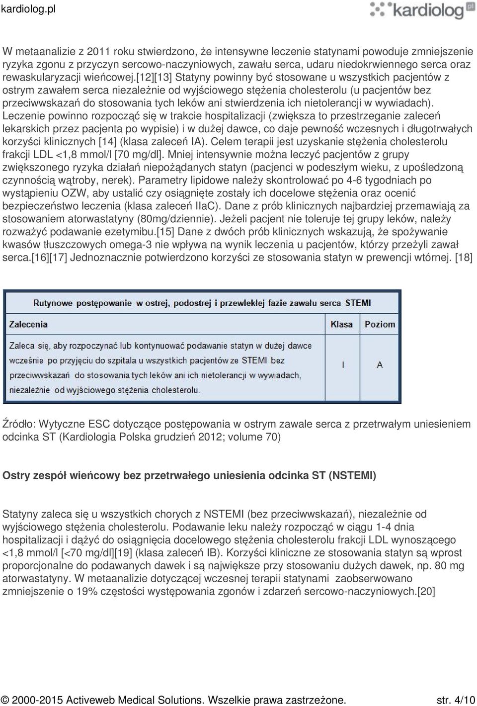 [12][13] Statyny powinny być stosowane u wszystkich pacjentów z ostrym zawałem serca niezależnie od wyjściowego stężenia cholesterolu (u pacjentów bez przeciwwskazań do stosowania tych leków ani