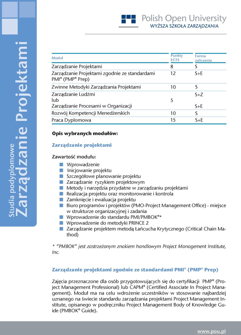 projektowym Metody i narzędzia przydatne w zarządzaniu projektami Realizacja projektu oraz monitorowanie i kontrola Zamknięcie i ewaluacja projektu Biuro programów i projektów (PMO-Project Management