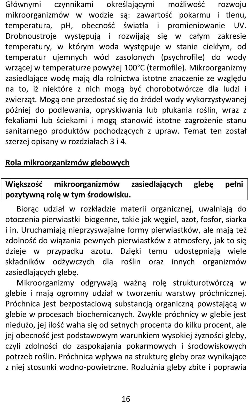 powyżej 100 C (termofile). Mikroorganizmy zasiedlające wodę mają dla rolnictwa istotne znaczenie ze względu na to, iż niektóre z nich mogą być chorobotwórcze dla ludzi i zwierząt.