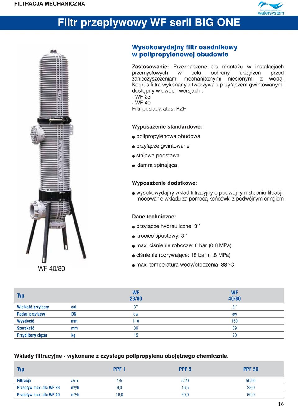 Korpus filtra wykonany z tworzywa z przyłączem gwintowanym, dostępny w dwóch wersjach : - WF 23 - WF 40 Filtr posiada atest PZH Wyposażenie standardowe: l polipropylenowa obudowa l przyłącze