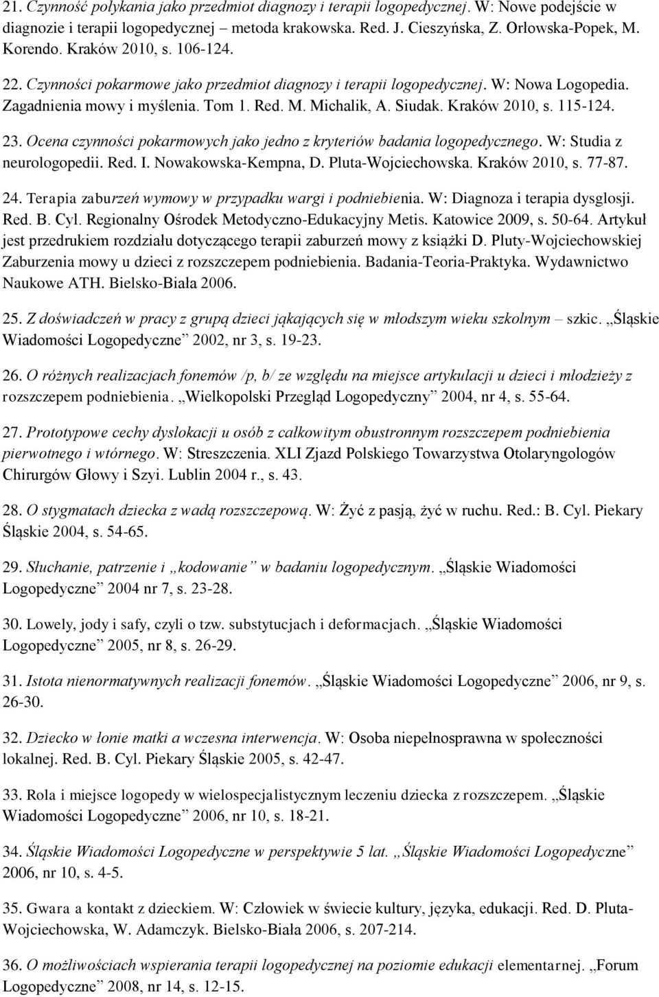 115-124. 23. Ocena czynności pokarmowych jako jedno z kryteriów badania logopedycznego. W: Studia z neurologopedii. Red. I. Nowakowska-Kempna, D. Pluta-Wojciechowska. Kraków 2010, s. 77-87. 24.