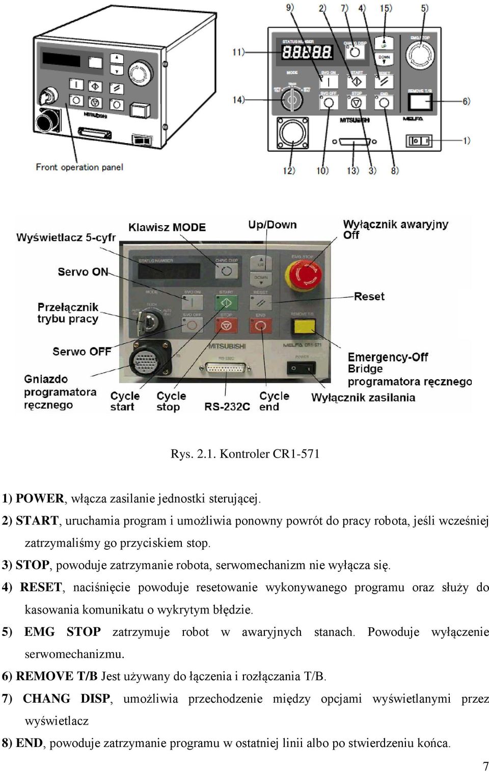 3) STOP, powoduje zatrzymanie robota, serwomechanizm nie wyłącza się.