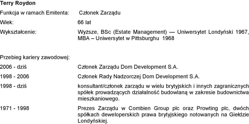 1998-2006 Członek Rady Nadzorczej Dom Development S.A.