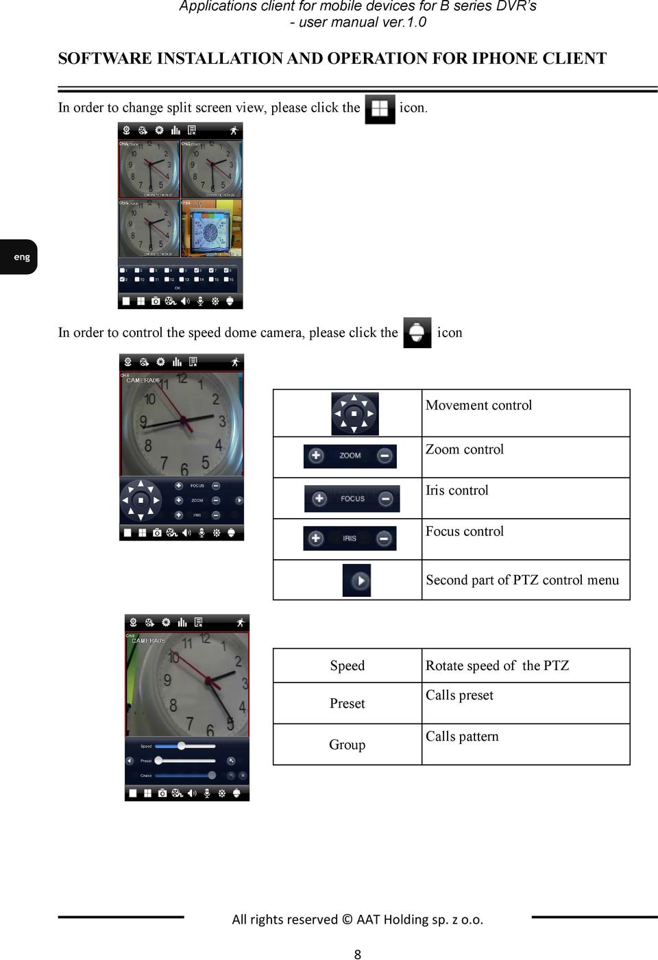 In order to control the speed dome camera, please click the icon Movement control Zoom control Iris control Focus