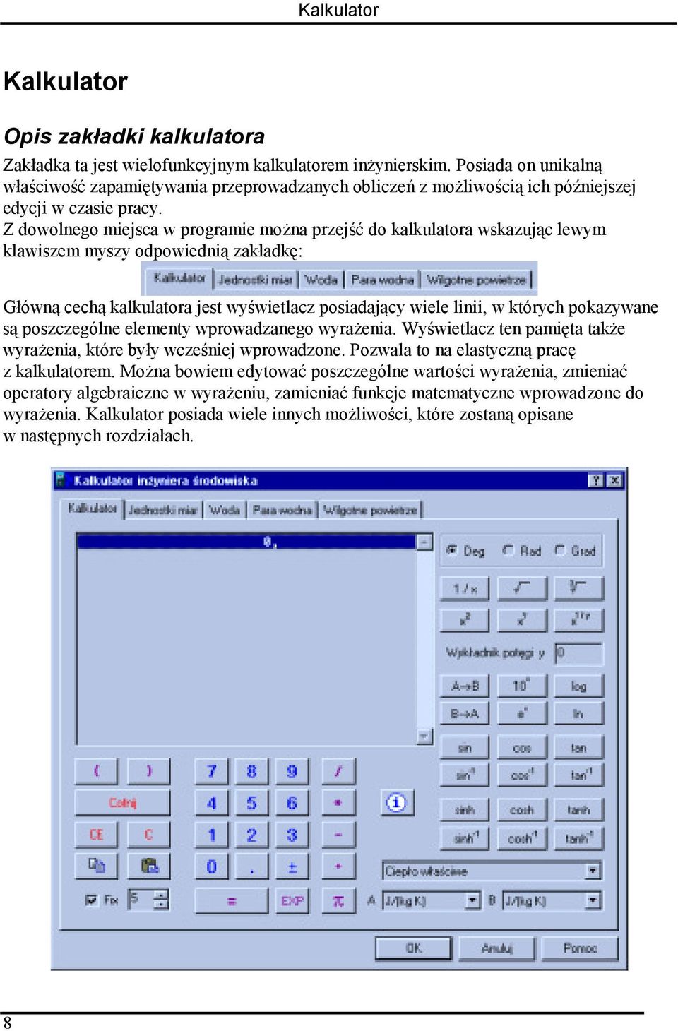 Z dowolnego miejsca w programie można przejść do kalkulatora wskazując lewym klawiszem myszy odpowiednią zakładkę: Główną cechą kalkulatora jest wyświetlacz posiadający wiele linii, w których