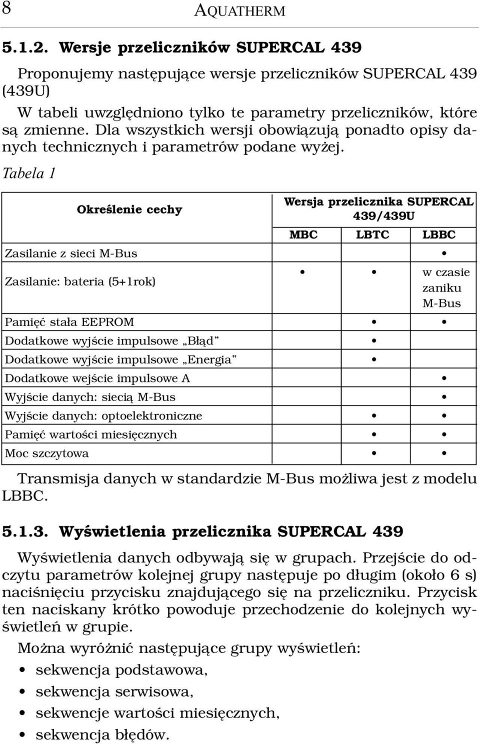 Tabela 1 Okreœlenie cechy Zasilanie z sieci M-Bus Wersja przelicznika SUPERCAL 439/439U MBC LBTC LBBC Zasilanie: bateria (5+1rok) w czasie zaniku M-Bus Pamiêæ sta³a EEPROM Dodatkowe wyjœcie impulsowe