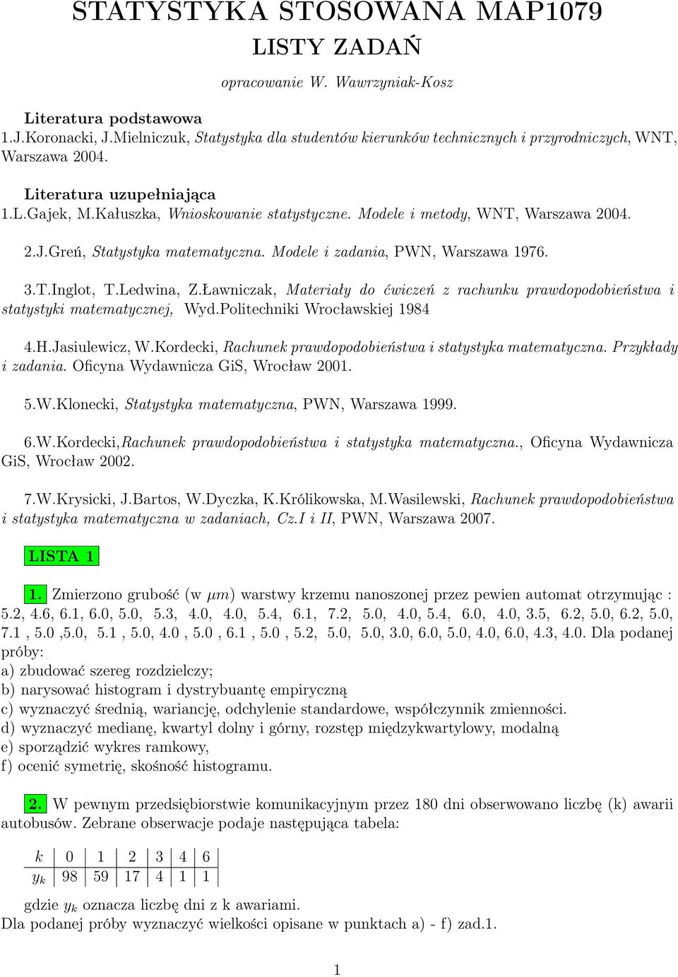 Modele i metody, WNT, Warszawa 2004. 2.J.Greń, Statystyka matematyczna. Modele i zadania, PWN, Warszawa 1976. 3.T.Inglot, T.Ledwina, Z.