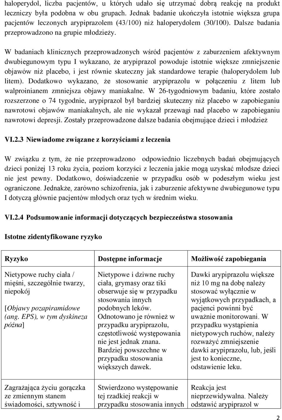 W badaniach klinicznych przeprowadzonych wśród pacjentów z zaburzeniem afektywnym dwubiegunowym typu I wykazano, że arypiprazol powoduje istotnie większe zmniejszenie objawów niż placebo, i jest