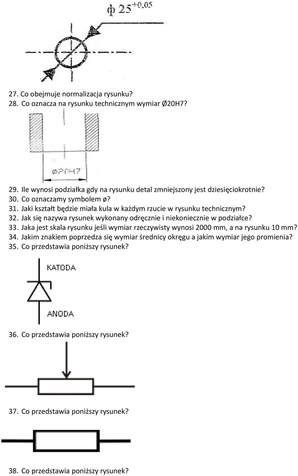 Jaki kształt będzie miała kula w każdym rzucie w rysunku technicznym? 32. Jak się nazywa rysunek wykonany odręcznie i niekoniecznie w podziałce? 33.