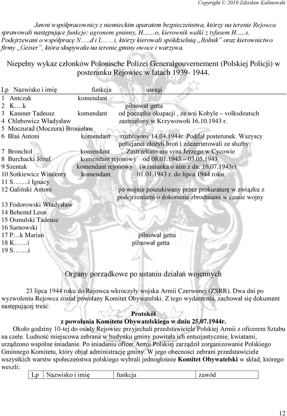 Niepełny wykaz członków Polonische Polizei Generalgouvernement (Polskiej Policji) w posterunku Rejowiec w latach 1939-1944. Lp Nazwisko i imię funkcja uwagi 1 Antczak komendant 2 K.