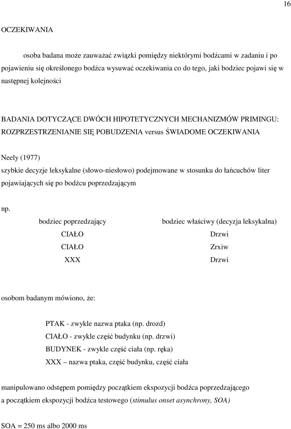 podejmowane w stosunku do łańcuchów liter pojawiających się po bodźcu poprzedzającym np.
