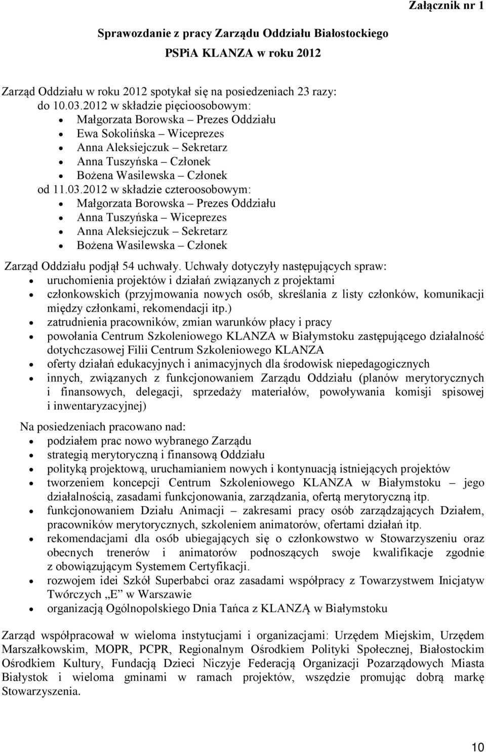 2012 w składzie czteroosobowym: Małgorzata Borowska Prezes Oddziału Anna Tuszyńska Wiceprezes Anna Aleksiejczuk Sekretarz Bożena Wasilewska Członek Zarząd Oddziału podjął 54 uchwały.
