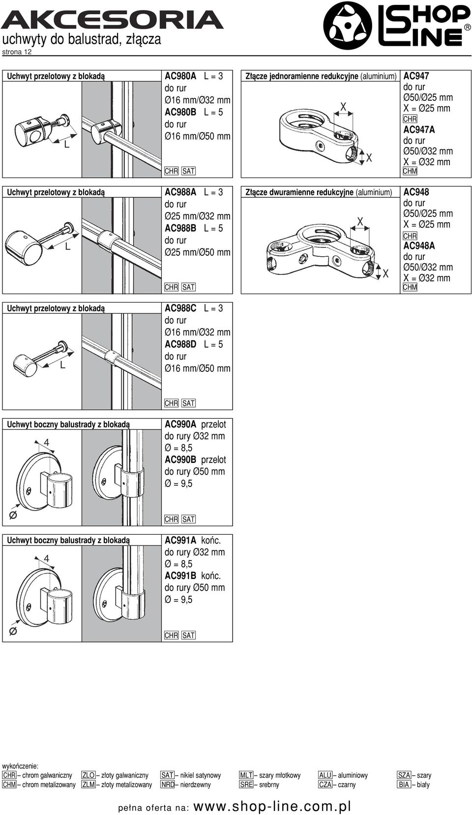 redukcyjne (aluminium) X X AC947 Ø50/Ø5 mm X = Ø5 mm AC947A Ø50/Ø3 mm X = Ø3 mm CM AC948 Ø50/Ø5 mm X = Ø5 mm AC948A Ø50/Ø3 mm X = Ø3 mm CM Uchwyt boczny balustrady z blokadà 4