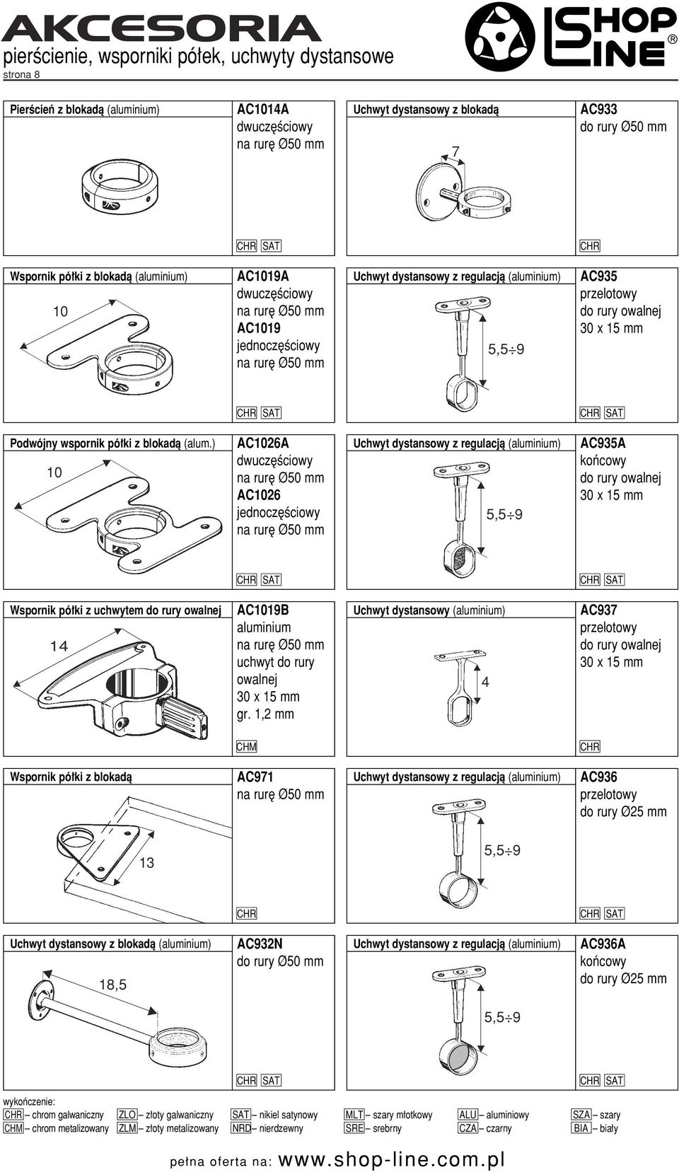 ) 10 AC106A dwucz Êciowy AC106 jednocz Êciowy Uchwyt dystansowy z regulacjà (aluminium) 5,5 9 AC935A koƒcowy y owalnej 30 x 15 mm Wspornik pó ki z uchwytem y owalnej 14 AC1019B aluminium uchwyt y