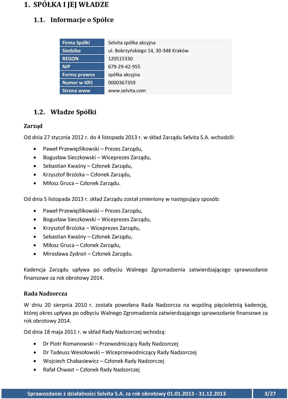 do 4 listopada 2013 r. w skład Zarządu Selvita S.A.
