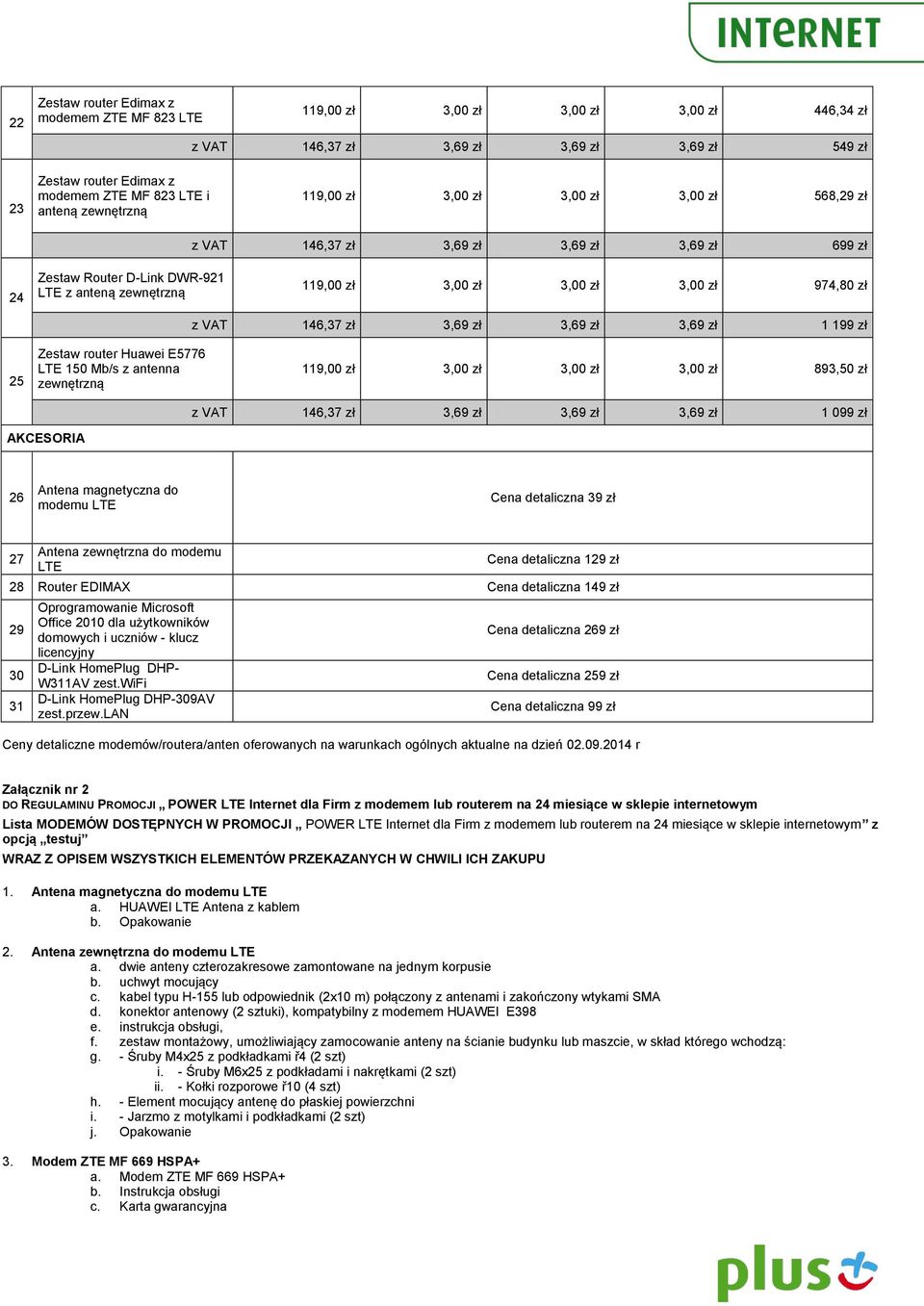 LTE 150 Mb/s z antenna zewnętrzną 119,00 zł 893,50 zł z 146,37 zł 3,69 zł 3,69 zł 3,69 zł 1 099 zł AKCESORIA 26 Antena magnetyczna do modemu LTE Cena detaliczna 39 zł 27 Antena zewnętrzna do modemu