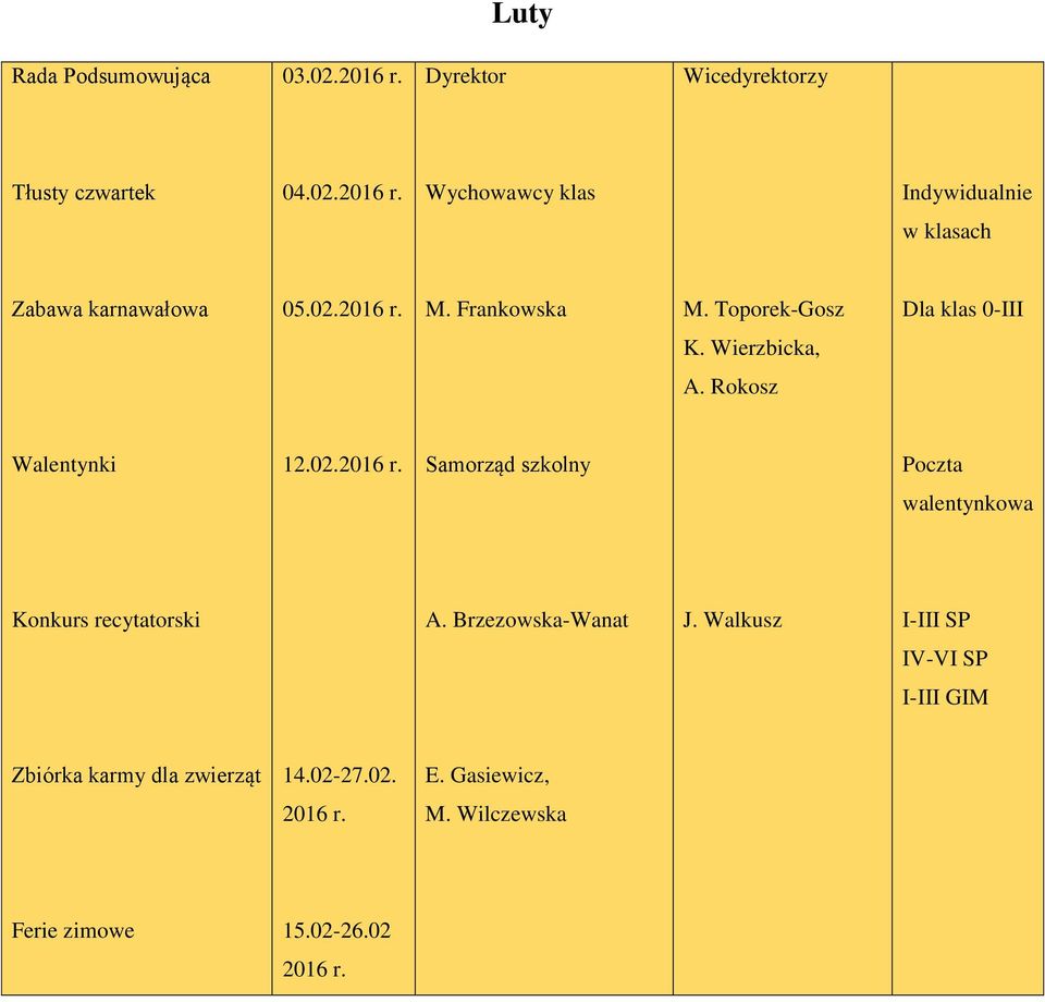 Brzezowska-Wanat J. Walkusz I-III SP IV-VI SP I-III GIM Zbiórka karmy dla zwierząt 14.02-27.02. E.