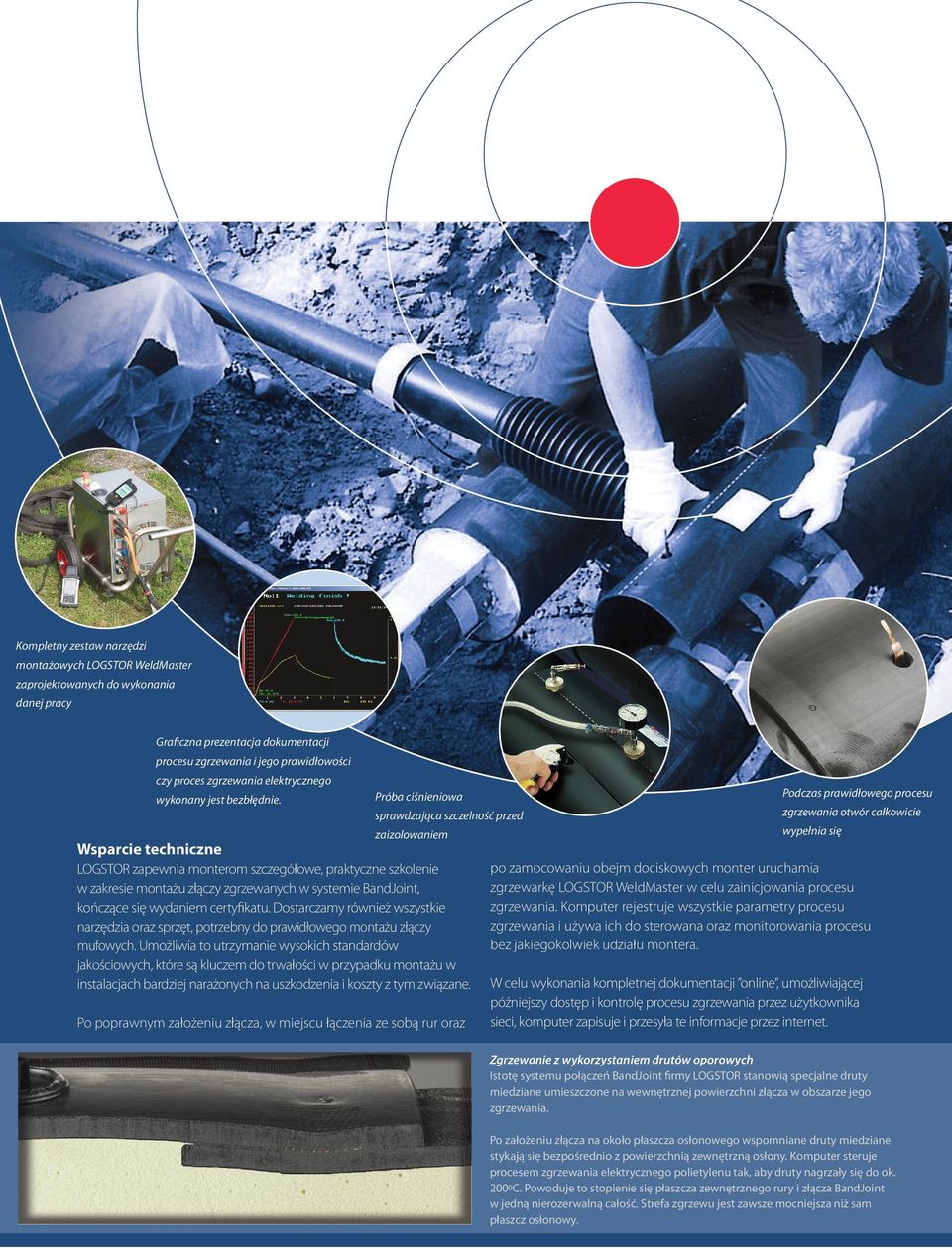 Wsparcie techniczne Próba ciśnieniowa Podczas prawidłowego procesu sprawdzająca szczelność przed zgrzewania otwór całkowicie zaizolowaniem wypełnia się LOGSTOR zapewnia monterom szczegółowe,