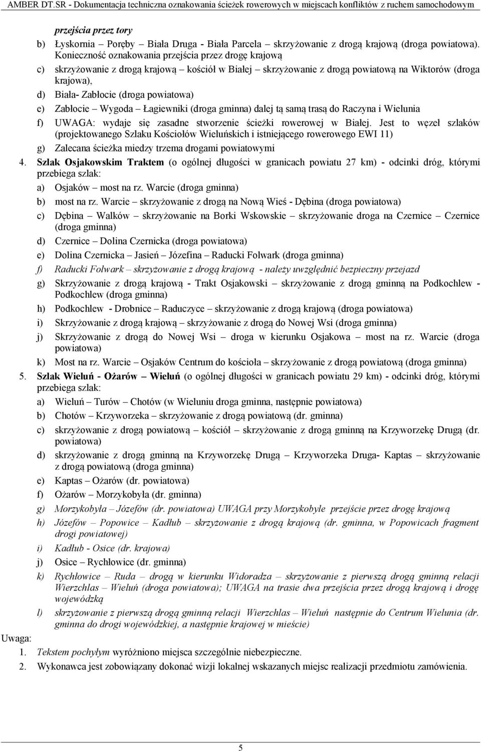 e) Zabłocie Wygoda Łagiewniki (droga gminna) dalej tą samą trasą do Raczyna i Wielunia f) UWAGA: wydaje się zasadne stworzenie ścieżki rowerowej w Białej.