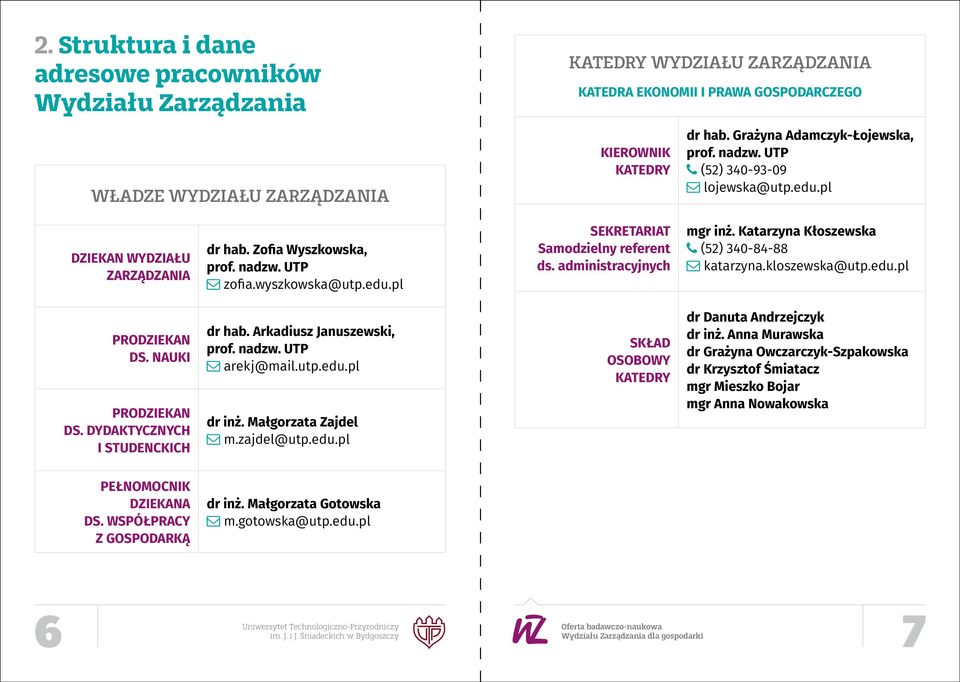 administracyjnych mgr inż. Katarzyna Kłoszewska (52) 340-84-88 katarzyna.kloszewska@utp.edu.pl PRODZIEKAN DS. NAUKI PRODZIEKAN DS. DYDAKTYCZNYCH I STUDENCKICH dr hab. Arkadiusz Januszewski, prof.