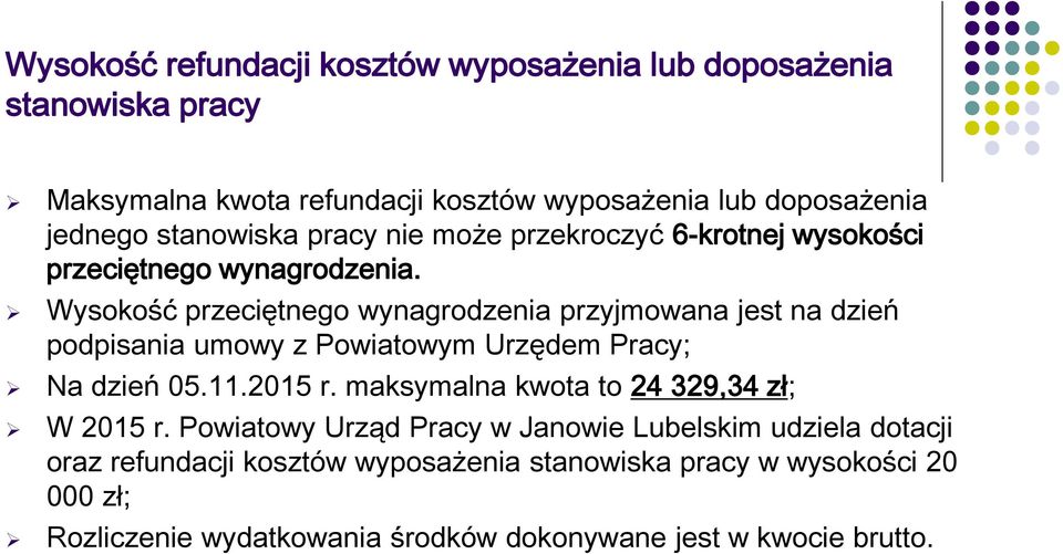 Wysokość przeciętnego wynagrodzenia przyjmowana jest na dzień podpisania umowy z Powiatowym Urzędem Pracy; Na dzień 05.11.2015 r.