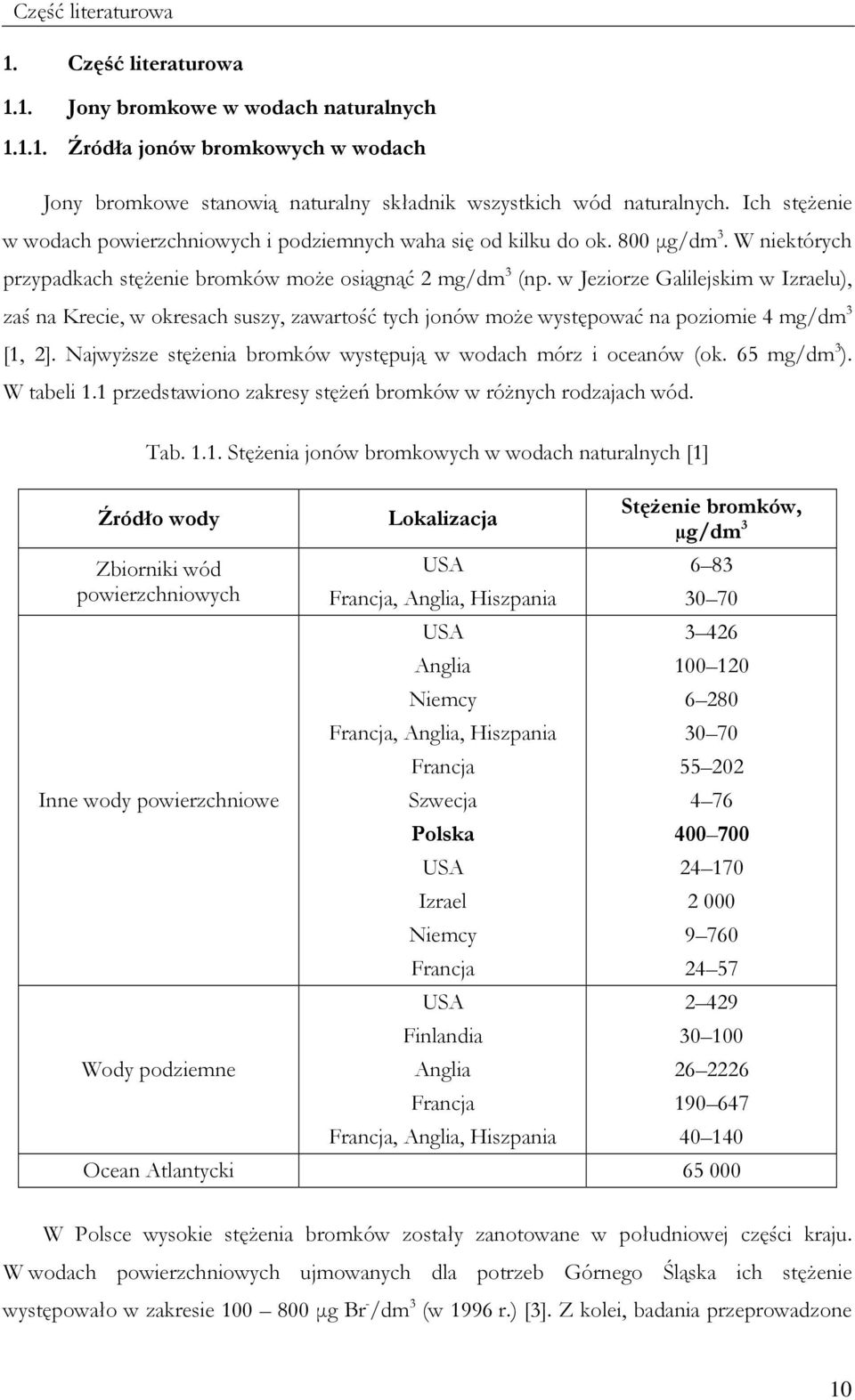 w Jeziorze Galilejskim w Izraelu), zaś na Krecie, w okresach suszy, zawartość tych jonów moŝe występować na poziomie 4 mg/dm 3 [1, 2]. NajwyŜsze stęŝenia bromków występują w wodach mórz i oceanów (ok.