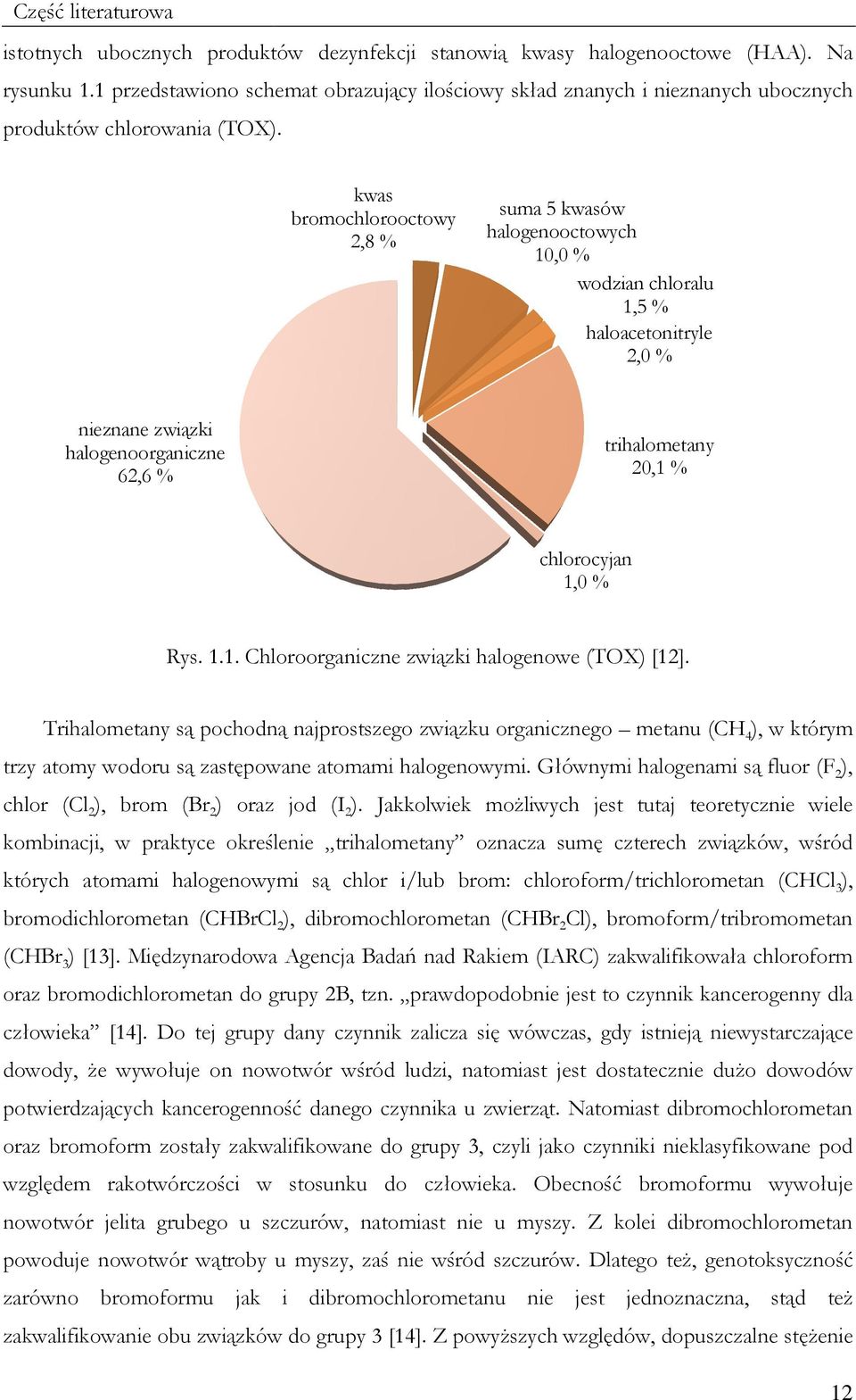 kwas bromochlorooctowy 2,8 % suma 5 kwasów halogenooctowych 1, % wodzian chloralu 1,5 % haloacetonitryle 2, % nieznane związki halogenoorganiczne 62,6 % trihalometany 2,1 % chlorocyjan 1, % Rys. 1.1. Chloroorganiczne związki halogenowe (TOX) [12].