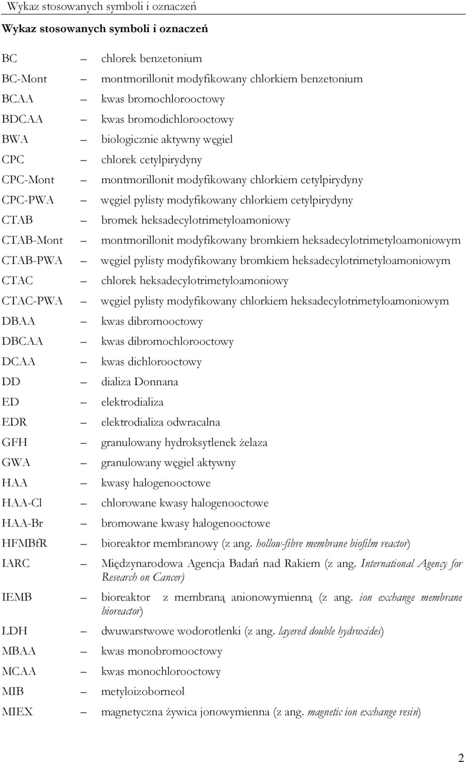 CTAB bromek heksadecylotrimetyloamoniowy CTABMont montmorillonit modyfikowany bromkiem heksadecylotrimetyloamoniowym CTABPWA węgiel pylisty modyfikowany bromkiem heksadecylotrimetyloamoniowym CTAC