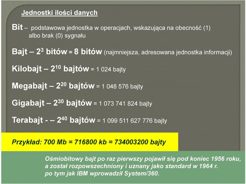 = 1 073 741 824 bajty Terabajt - 240 bajtów = 1 099 511 627 776 bajty Przykład: 700 Mb = 716800 kb = 734003200 bajty Ośmiobitowy bajt po