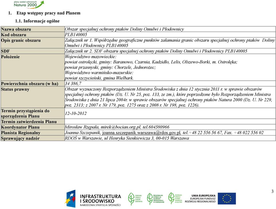 SDF obszaru specjalnej ochrony ptaków Doliny Omulwi i Płodownicy PLB140005 Położenie Województwo mazowieckie: powiat ostrołęcki, gminy: Baranowo, Czarnia, Kadzidło, Lelis, Olszewo-Borki, m.