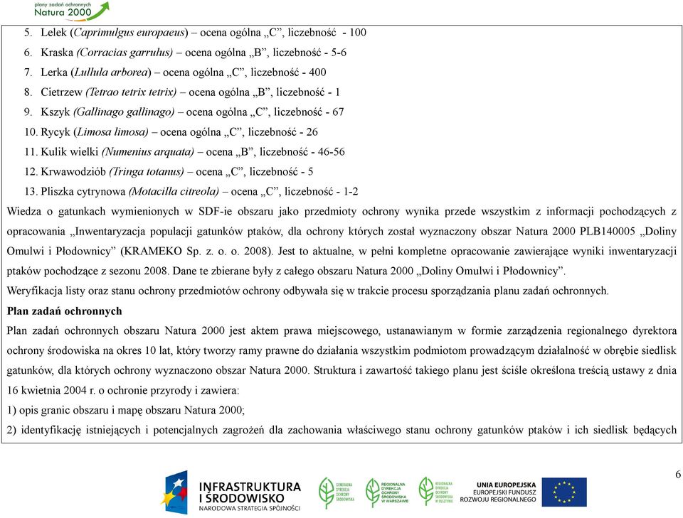 Kulik wielki (Numenius arquata) ocena B, liczebność - 46-56 12. Krwawodziób (Tringa totanus) ocena C, liczebność - 5 13.