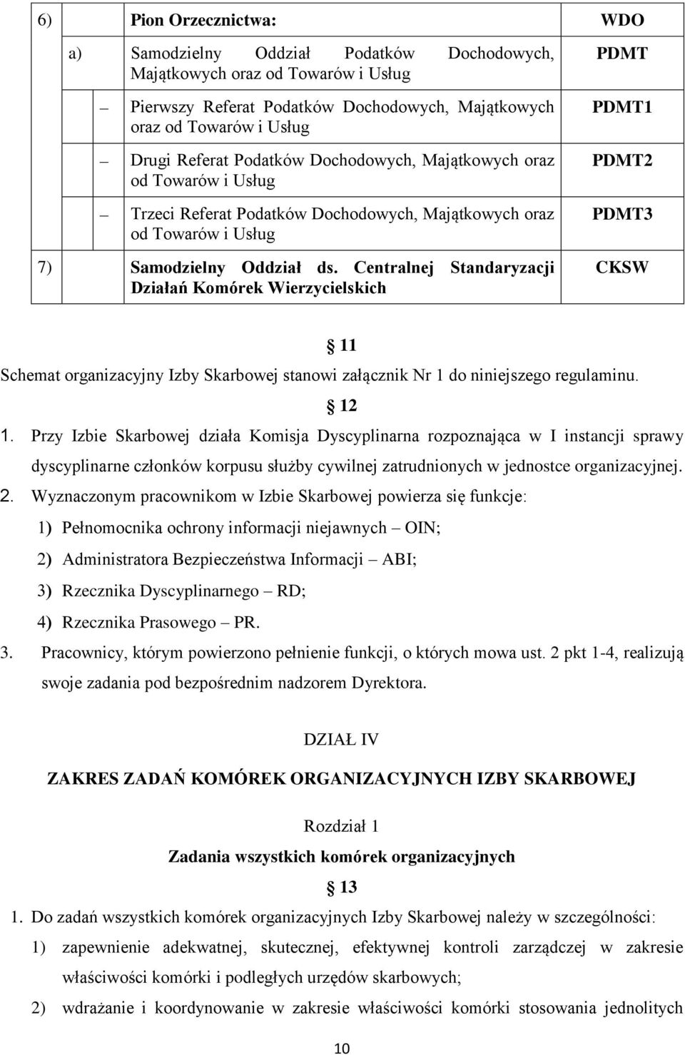 Centralnej Standaryzacji Działań Komórek Wierzycielskich CKSW 11 Schemat organizacyjny Izby Skarbowej stanowi załącznik Nr 1 do niniejszego regulaminu. 12 1.