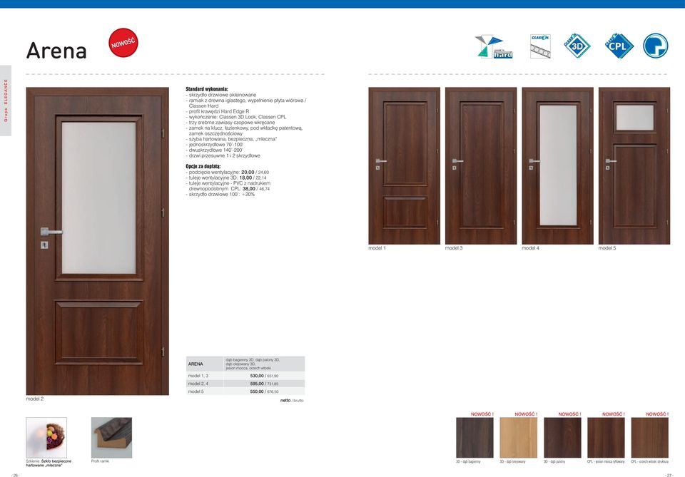 18,00 / 22,14 drewnopodobnym CPL: 38,00 / 46,74 model 1 model 3 model 4 model 5 ARENA dąb bagienny 3D, dąb palony 3D, dąb olejowany 3D, jesion mocca, orzech włoski model 1, 3 530,00 / 651,90 model 2,