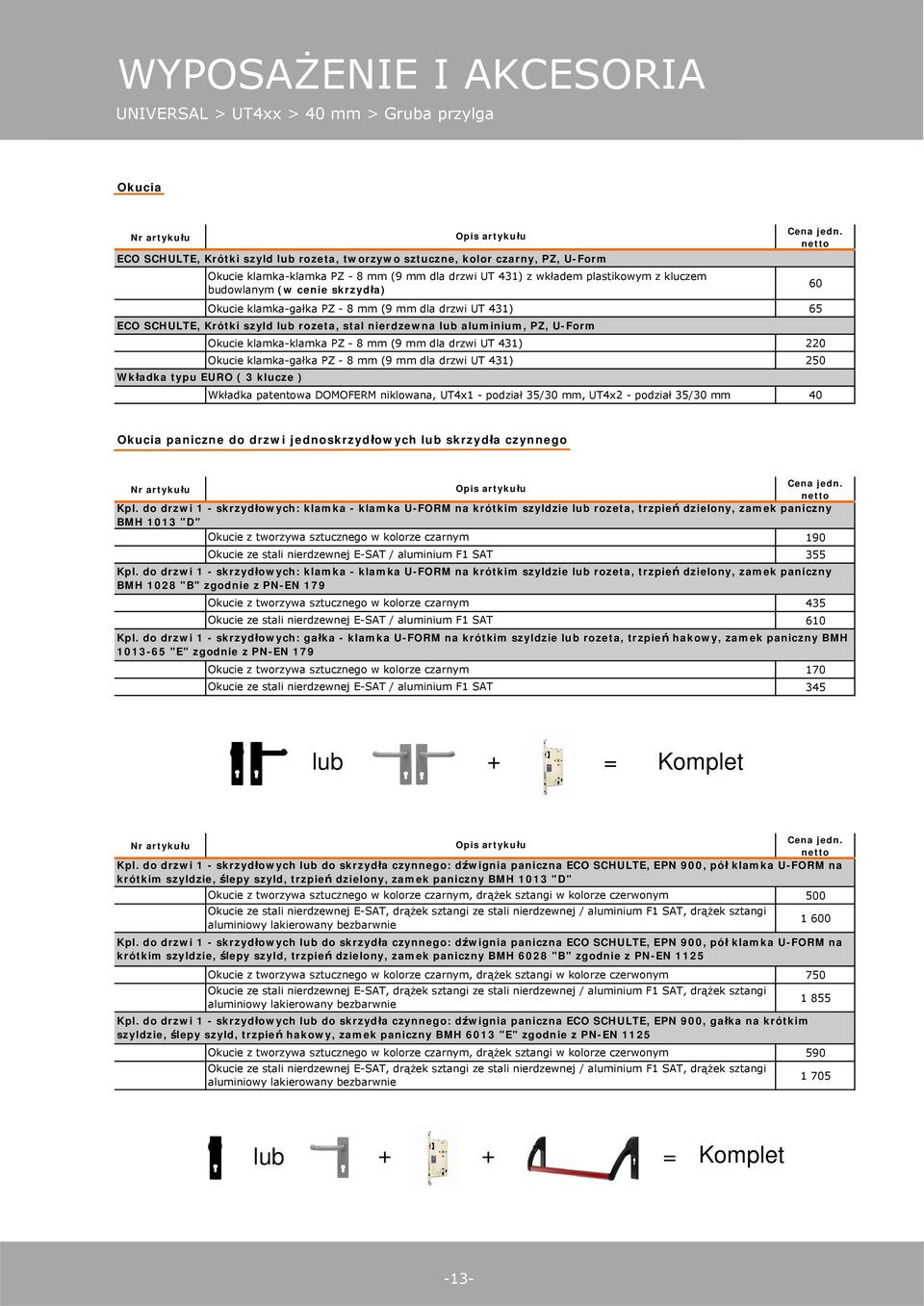 aluminium, PZ, U-Form Okucie klamka-klamka PZ - 8 mm (9 mm dla drzwi UT 431) 220 Okucie klamka-ga ka PZ - 8 mm (9 mm dla drzwi UT 431) 250 Wk adka typu EURO ( 3 klucze ) Wk adka patentowa DOMOFERM