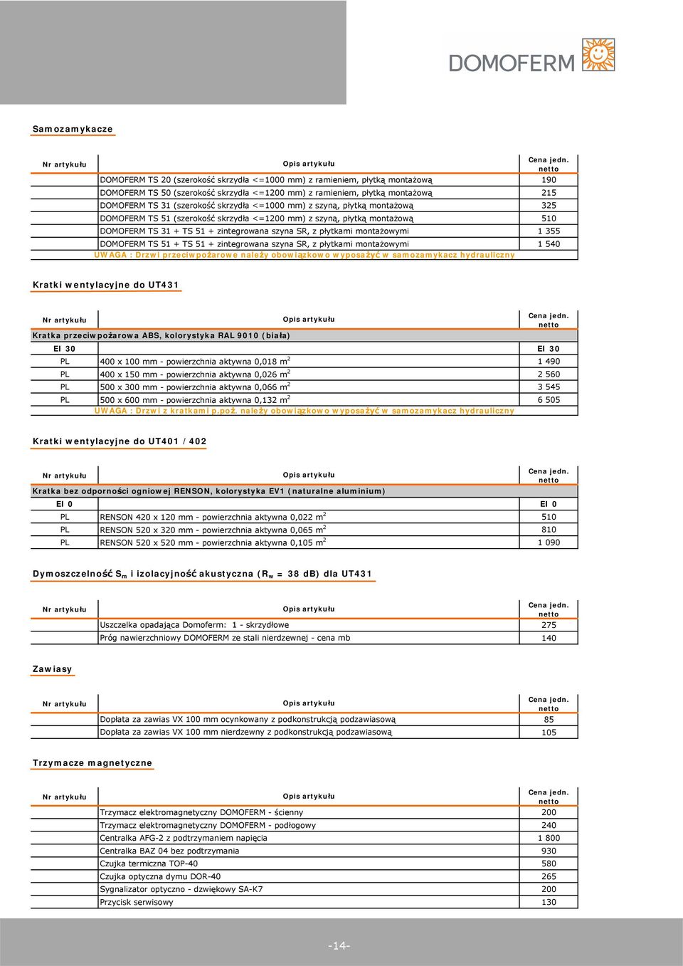 51 + TS 51 + zintegrowana szyna SR, z p ytkami monta owymi 1 540 UWAGA : Drzwi przeciwpo arowe nale y obowi zkowo wyposa w samozamykacz hydrauliczny Kratki wentylacyjne do UT431 Kratka przeciwpo