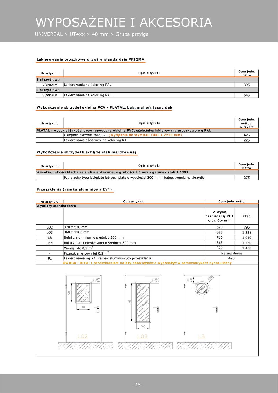 skrzyd a foli PVC (wy cznie do wymiaru 1000 x 2200 mm) Lakierowanie o cie nicy na kolor wg RAL / skrzyd o 425 225 Wyko czenie skrzyde blach ze stali nierdzewnej Wysokiej jako ci blacha ze stali