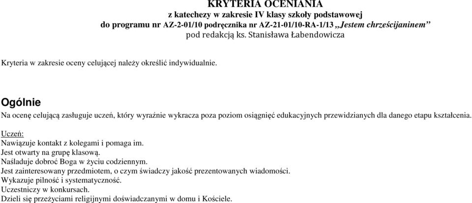 Ogólnie Na ocenę celującą zasługuje uczeń, który wyraźnie wykracza poza poziom osiągnięć edukacyjnych przewidzianych dla danego etapu kształcenia.