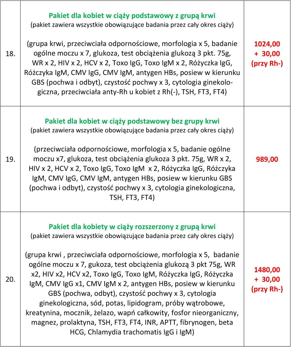 ginekologiczna, przeciwciała anty-rh u kobiet z Rh(-), TSH, FT3, FT4) 1024,00 + 30,00 (przy Rh-) 19.