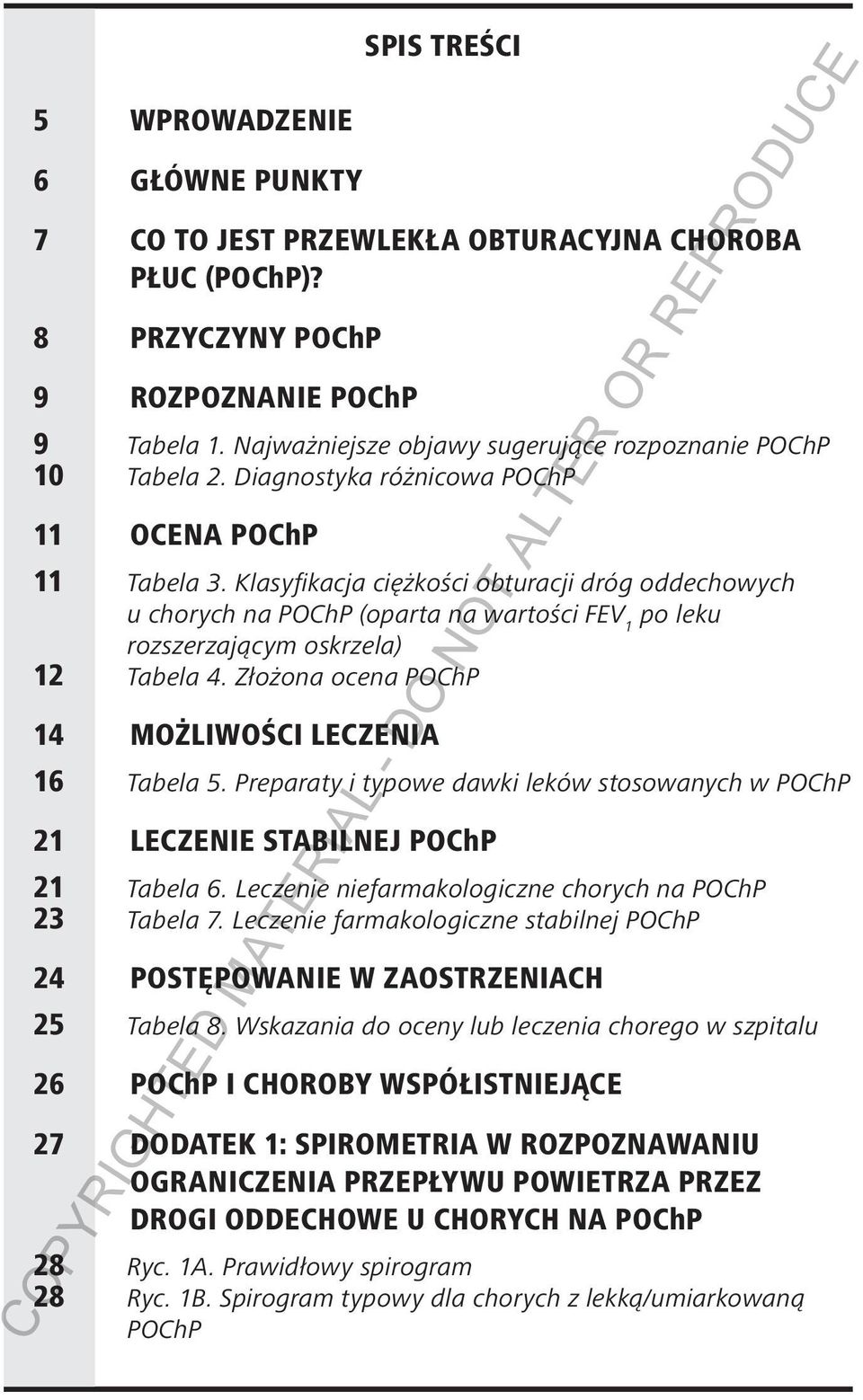 Klasyfikacja ciężkości obturacji dróg oddechowych u chorych na POChP (oparta na wartości FEV 1 po leku rozszerzającym oskrzela) 12 Tabela 4. Złożona ocena POChP 14 MOŻLIWOŚCI LECZENIA 16 Tabela 5.