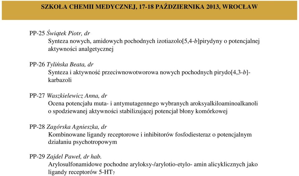 antymutagennego wybranych aroksyalkiloaminoalkanoli o spodziewanej aktywności stabilizującej potencjał błony komórkowej PP-28 Zagórska Agnieszka, dr Kombinowane ligandy receptorowe