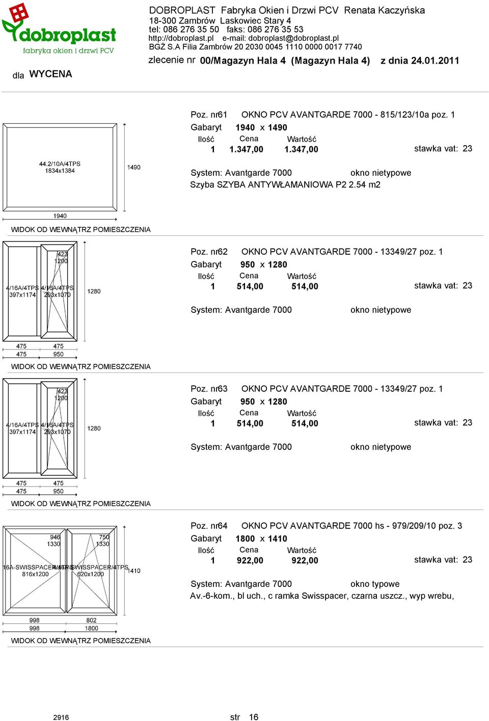 1 Gabaryt 950 x 1280 1 514,00 514,00 Poz. nr63 OKNO PCV AVANTGARDE 7000-13349/27 poz.