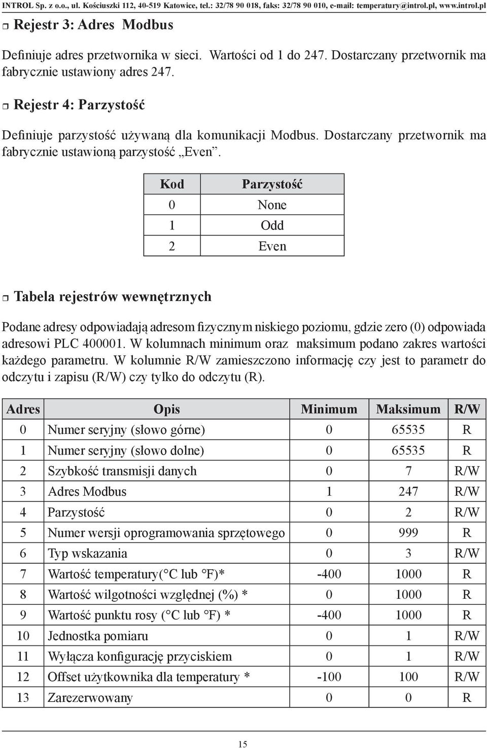 Kod Parzystość 0 None 1 Odd 2 Even Tabela rejestrów wewnętrznych Podane adresy odpowiadają adresom fizycznym niskiego poziomu, gdzie zero (0) odpowiada adresowi PLC 400001.