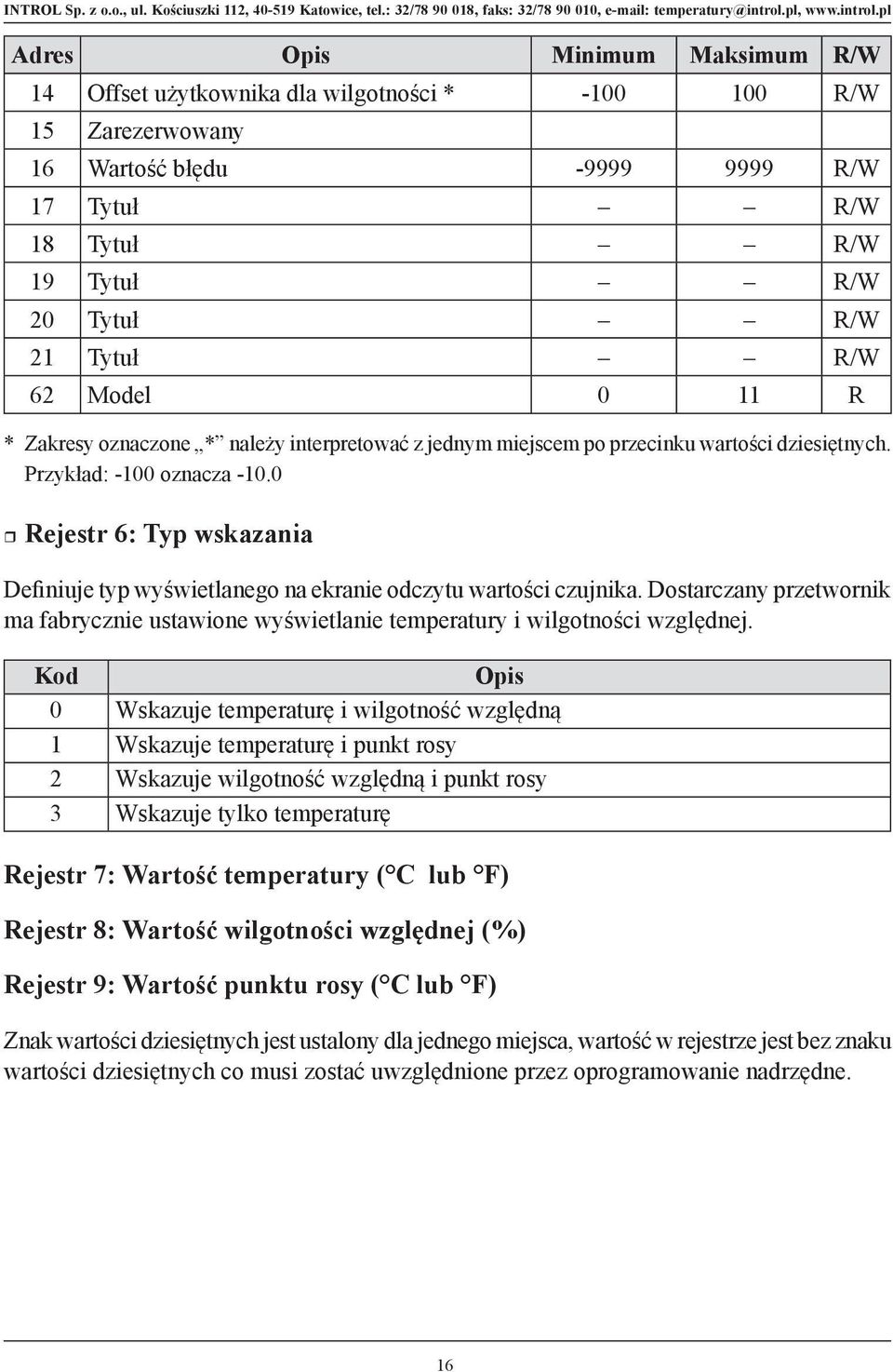 0 Rejestr 6: Typ wskazania Definiuje typ wyświetlanego na ekranie odczytu wartości czujnika. Dostarczany przetwornik ma fabrycznie ustawione wyświetlanie temperatury i wilgotności względnej.