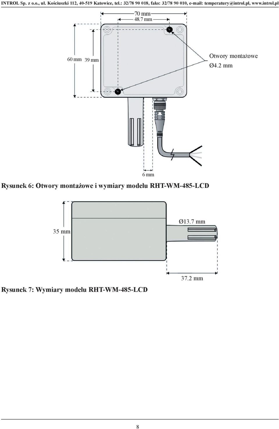 wymiary modelu RHT-WM-485-LCD 35 mm Ø13.